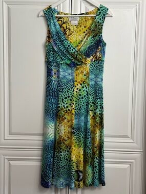 Zooni Collection Size Small Sleeveless V-Neck Midi Dress in Teal, Yellow & Blue